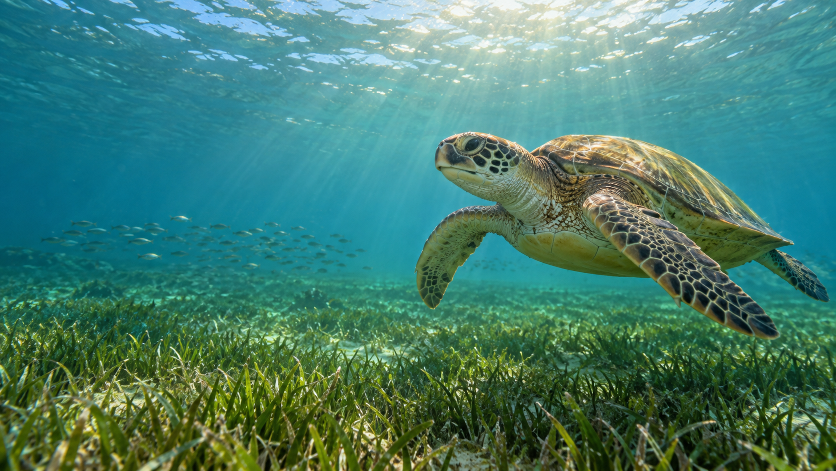 Green sea turtle swimming over a sunlit seagrass meadow